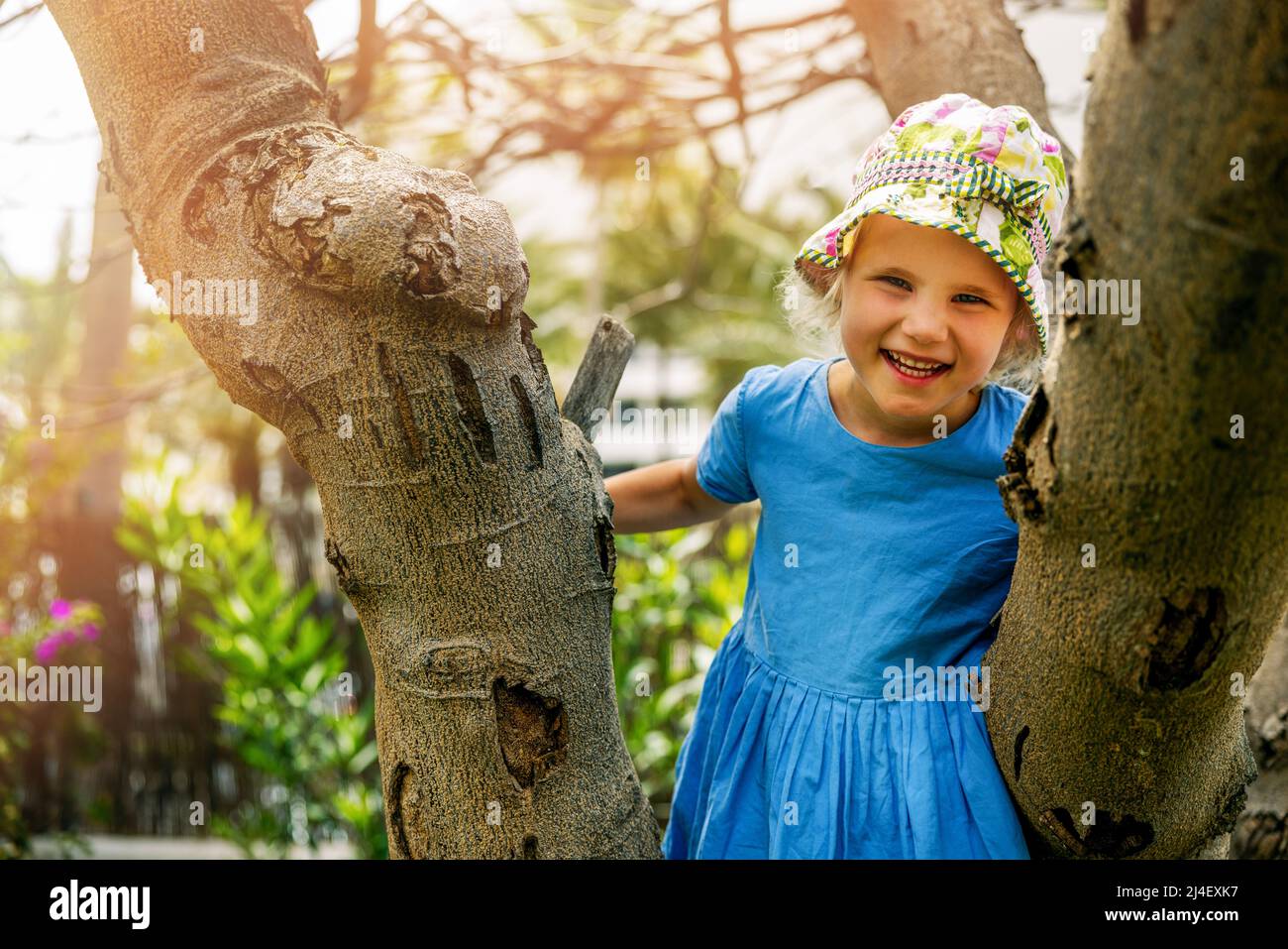 happy little girl climbs a tree in park on sunny summer day Stock Photo