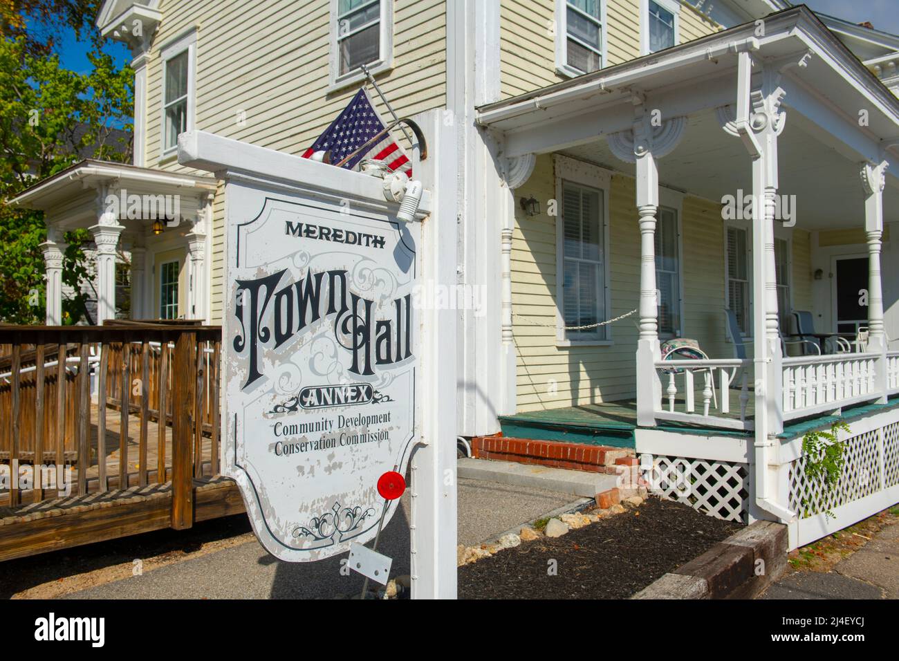Meredith Town Hall sign at 41 Main Street in historic town center of Meredith, New Hampshire NH
