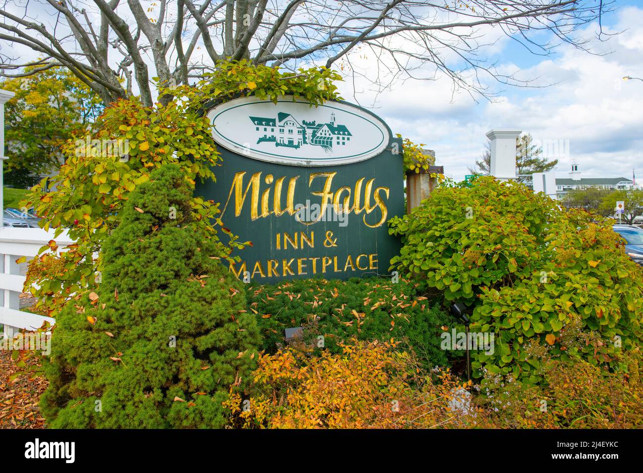 Sign of Mill Falls Inn and Marketplace in historic town center of