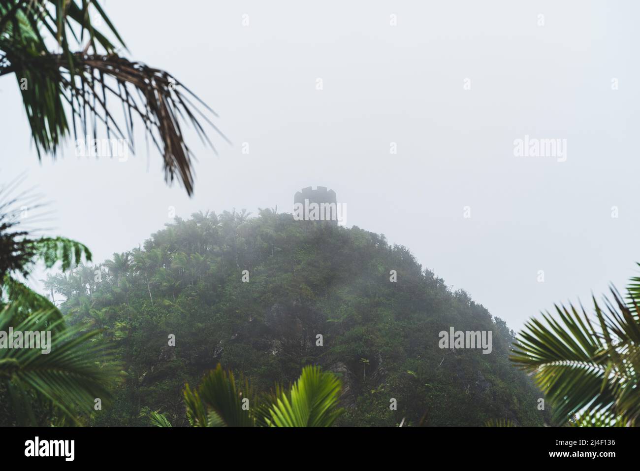 Lookout tower on mountain top surrounded by jungle in mist Stock Photo