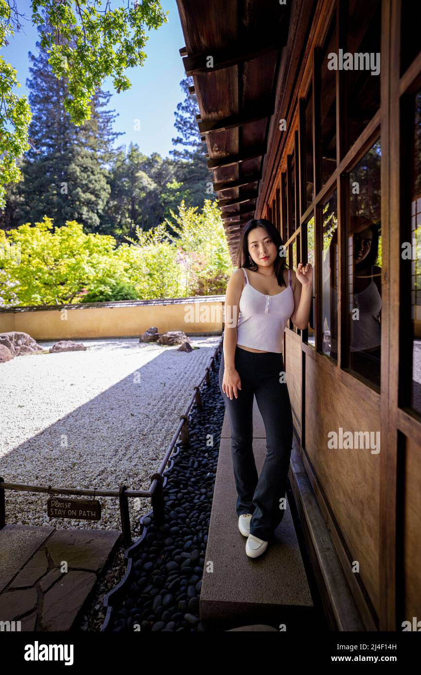 Young Chinese Woman Standing beside a Japanese Rock Garden Stock Photo