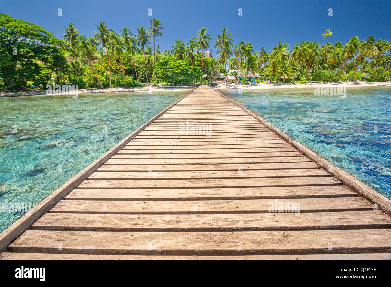 The dock leading to the Jean-Michel Cousteau Fiji Islands Resort, Savusavu, Fiji. Stock Photo