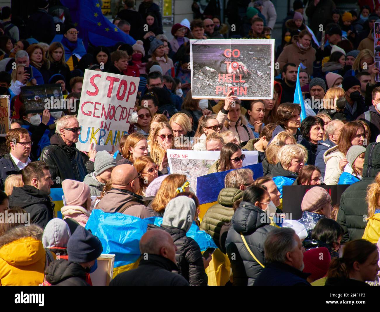 Demonstration Against War and Russian Agression, to stop violence in Bucha, Mariupol In Ukraine. Munich - April 2022 Stock Photo
