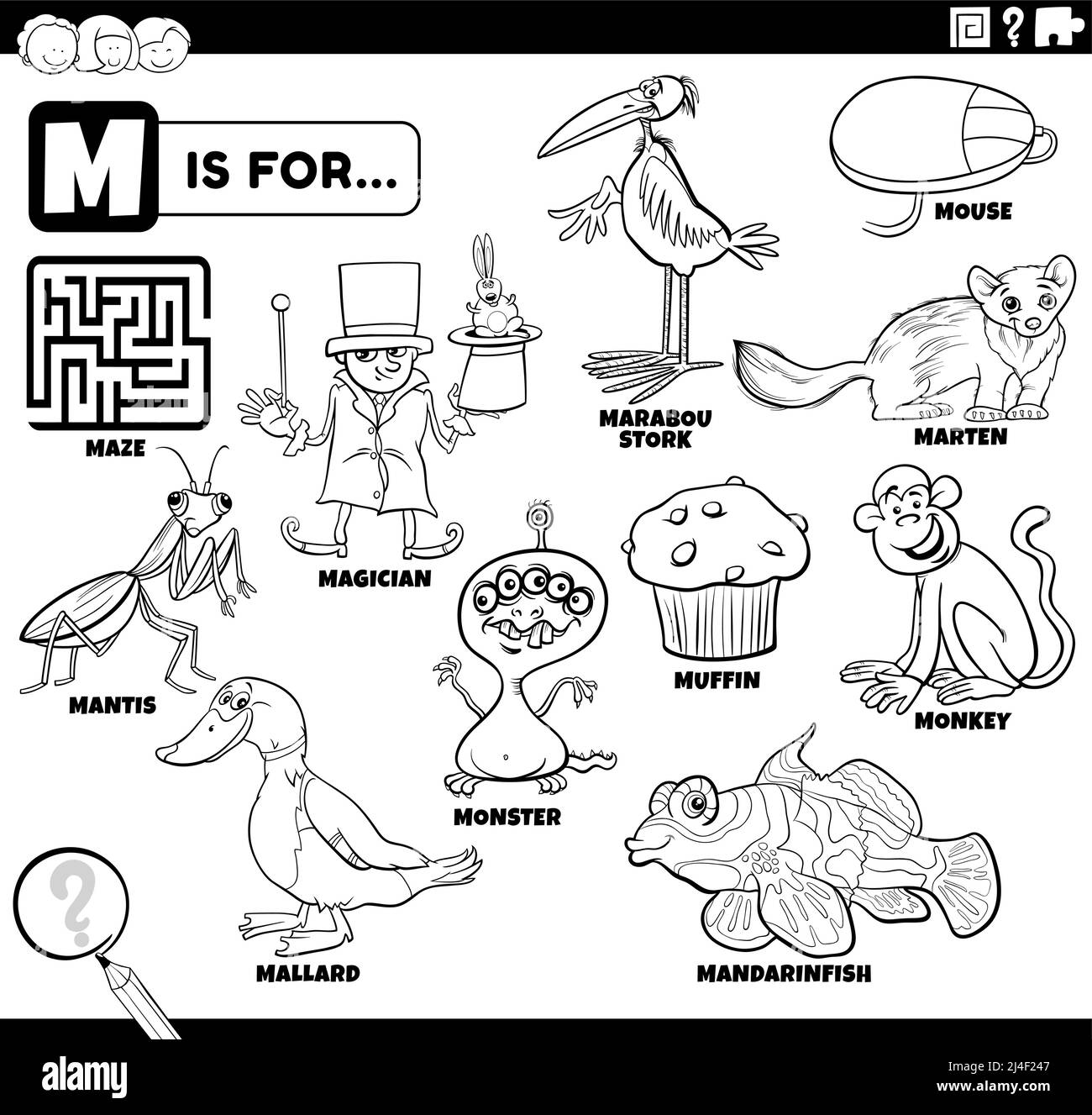 Black and white educational cartoon illustration for children with comic characters and objects set for letter M coloring book page Stock Vector