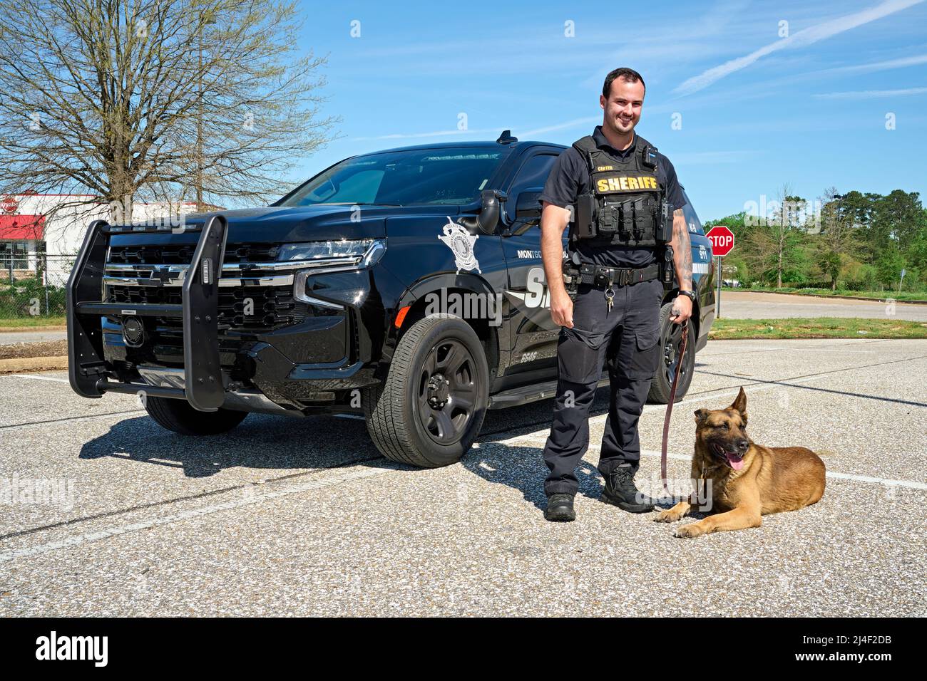 Law enforcement police K-9 officer or deputy sheriff K-9 with his police K-9 dog in front of a police SUV cruiser in Montgomery Alabama, USA. Stock Photo