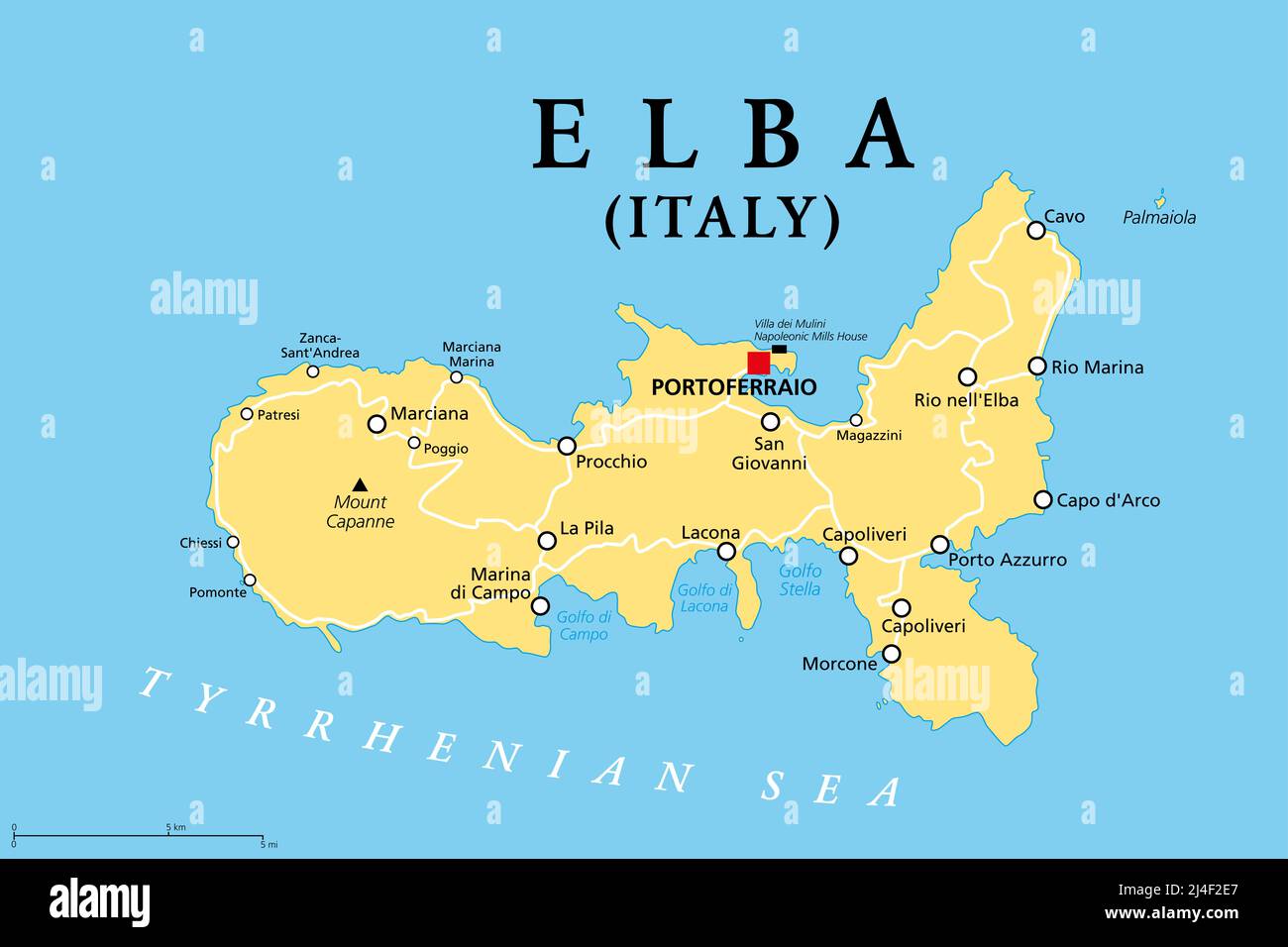 Elba, political map, Mediterranean island in Tuscany, Italy, with capital Portoferraio. Site of the first exile of Napoleon. Stock Photo
