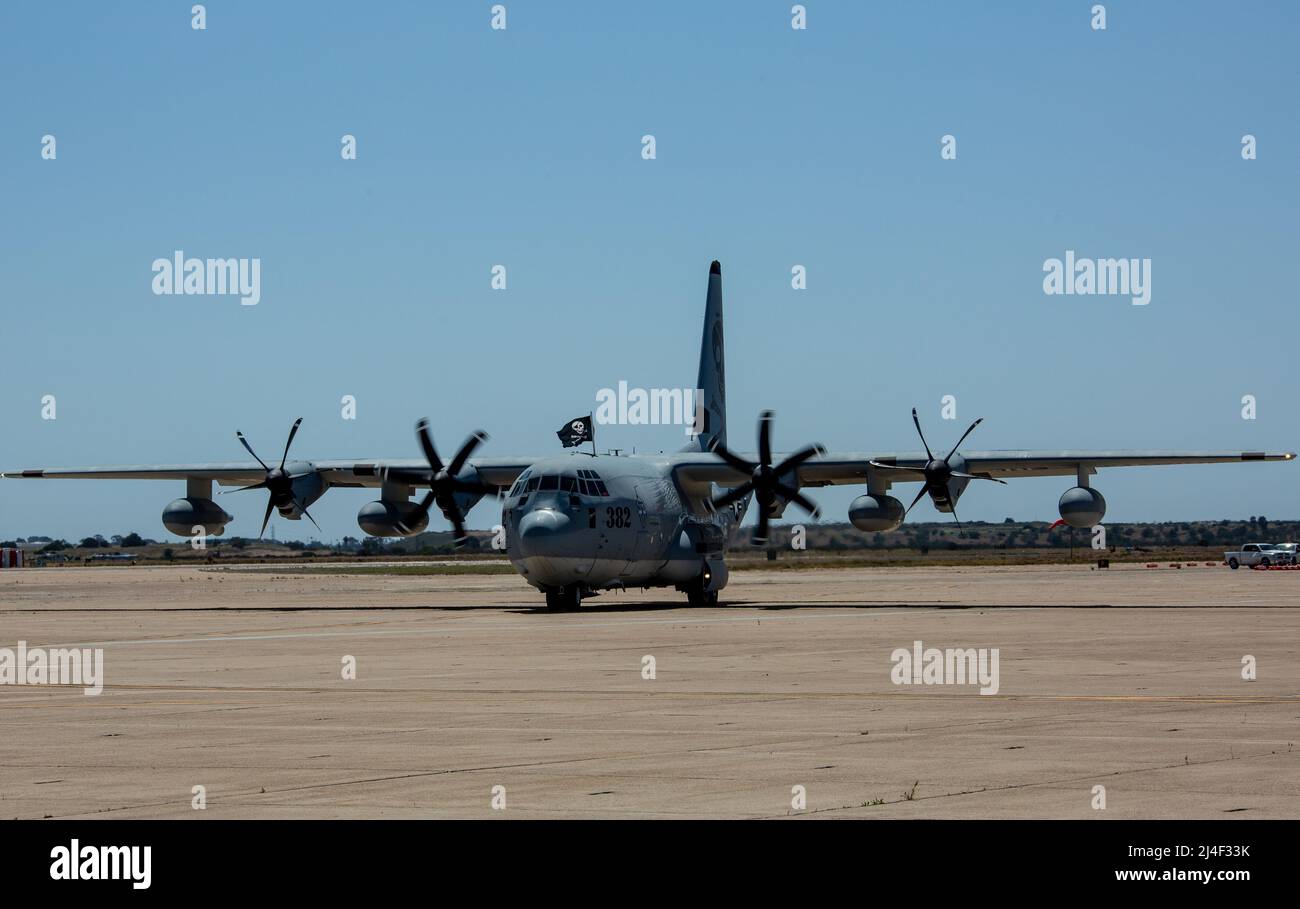 The “color-bird” KC-130J Super Hercules with Marine Aerial Refueler Transport Squadron (VMGR) 352, Marine Aircraft Group 11, 3rd Marine Aircraft Wing returns from its inaugural flight on Marine Corps Air Station Miramar, California, April 12, 2022. A squadron’s “color-bird” aircraft is painted with the squadron’s colors and oftentimes includes the squadron’s logo, honoring the unit’s legacy. (U.S. Marine Corps photo by Cpl. Levi Voss) Stock Photo