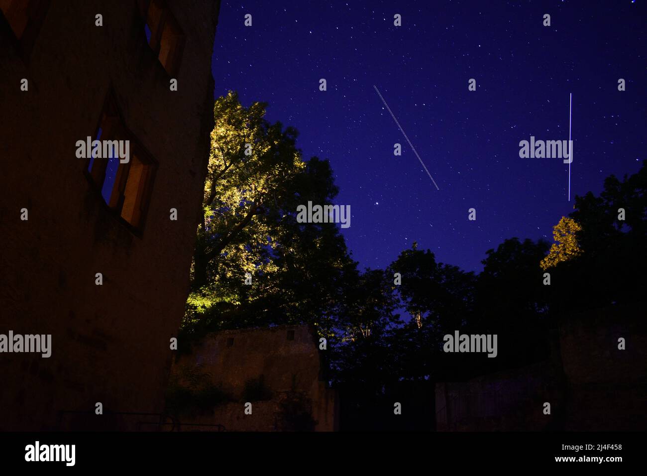 Stars, Castle, Ruin, Starry Sky, Starry Night, Ruine, Turm, Nachthimmel, Night Sky, Astro Photography, Satellite, Starlink, SpaceX, Light pollution Stock Photo
