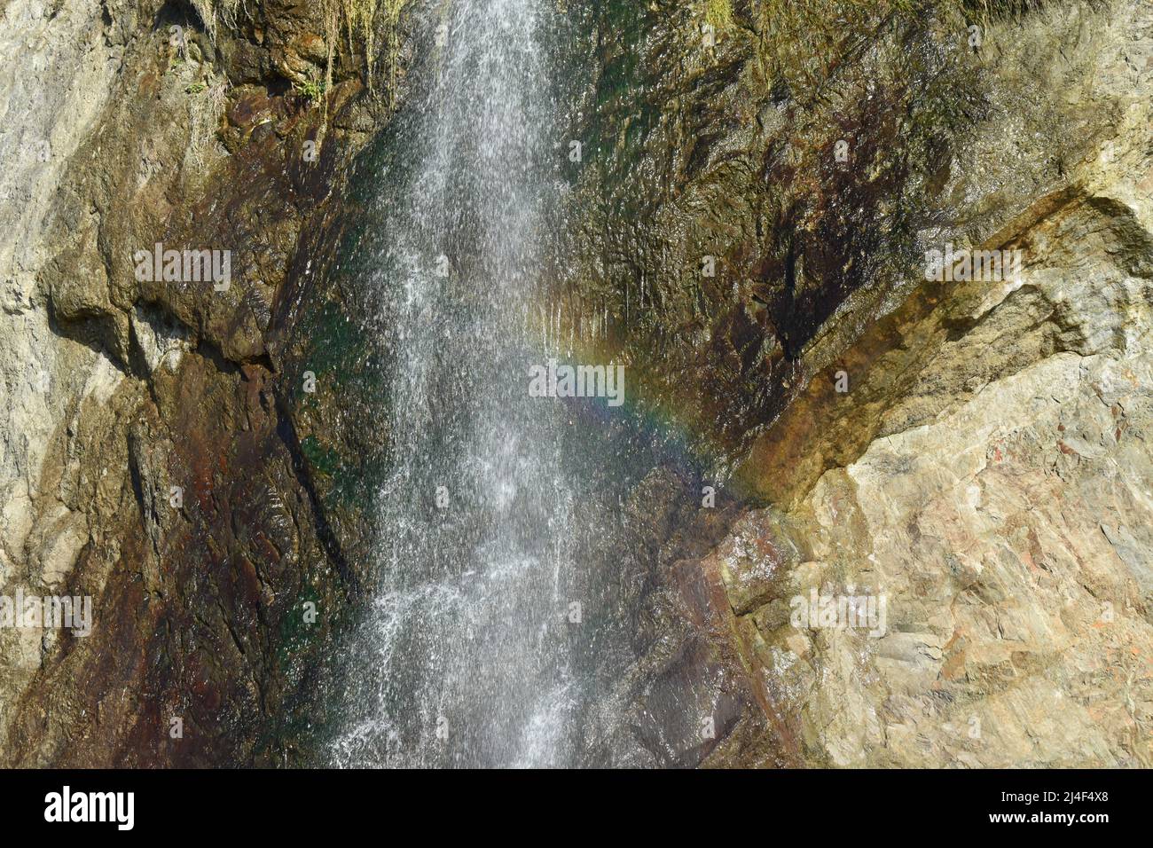 Limestone, Waterfall, Cascade, Spray, Spraying Water, Rainbow, Beauty in Nature, Cliff, Wet Rock, Rocks, Sandstone, Copper Coast, Ireland, Prism Stock Photo