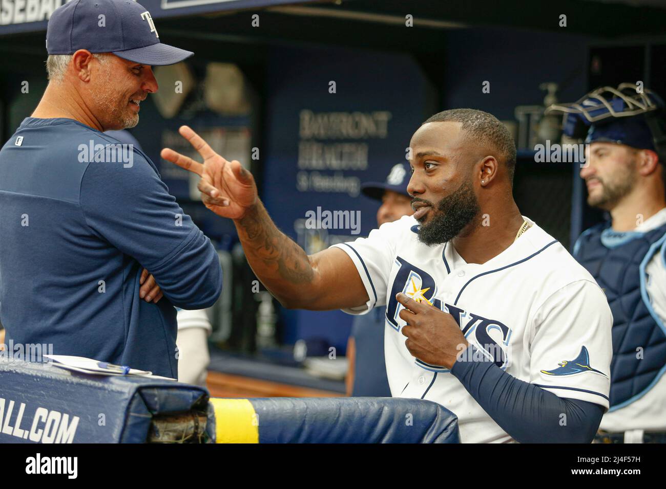 St. Petersburg, FL. USA; Tampa Bay Rays manager Kevin Cash talks with