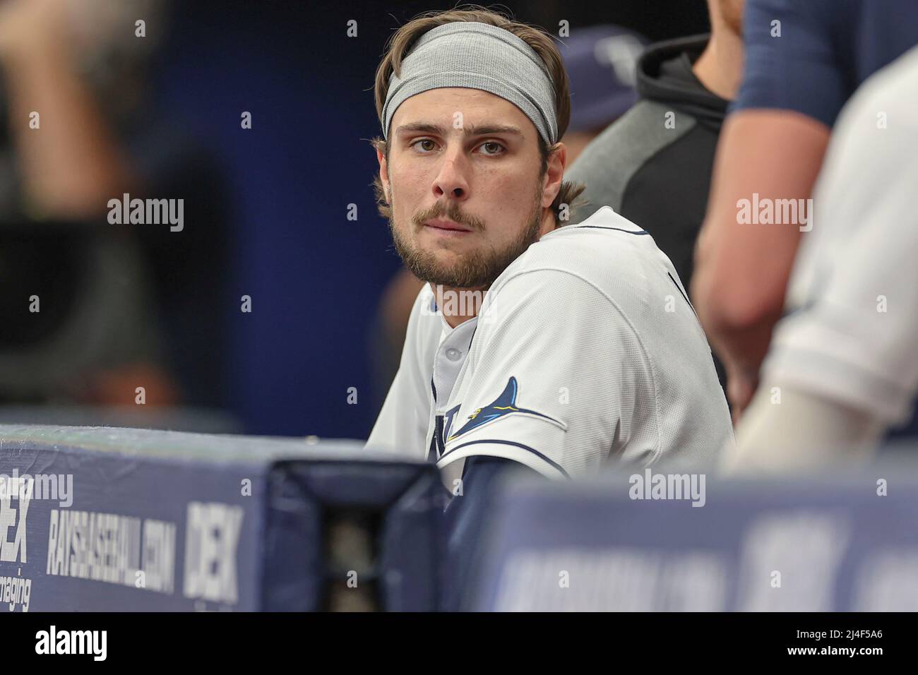 St. Petersburg, FL. USA;  Tampa Bay Rays center fielder Josh Lowe (15) sat in the dugout on his day off during a major league baseball game Oakland At Stock Photo