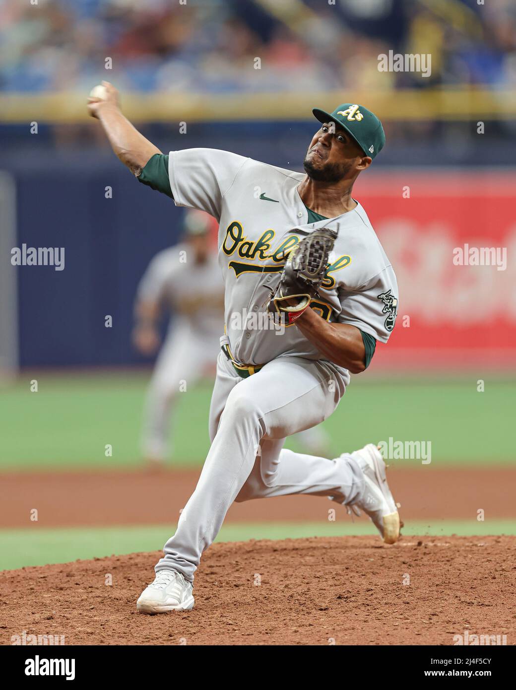 Dany Jimenez of the Oakland Athletics pitches against the Kansas