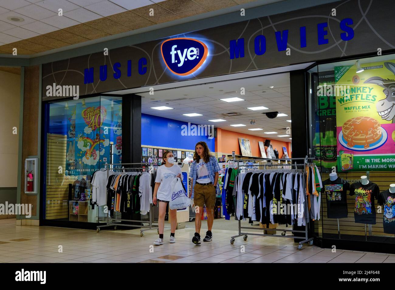 Selinsgrove, United States. 14th Apr, 2022. Shoppers exit an f.y.e. store inside the Susquehanna Valley Mall near Selinsgrove, Pennsylvania, on April 14, 2022. (Photo by Paul Weaver/Sipa USA) Credit: Sipa USA/Alamy Live News Stock Photo
