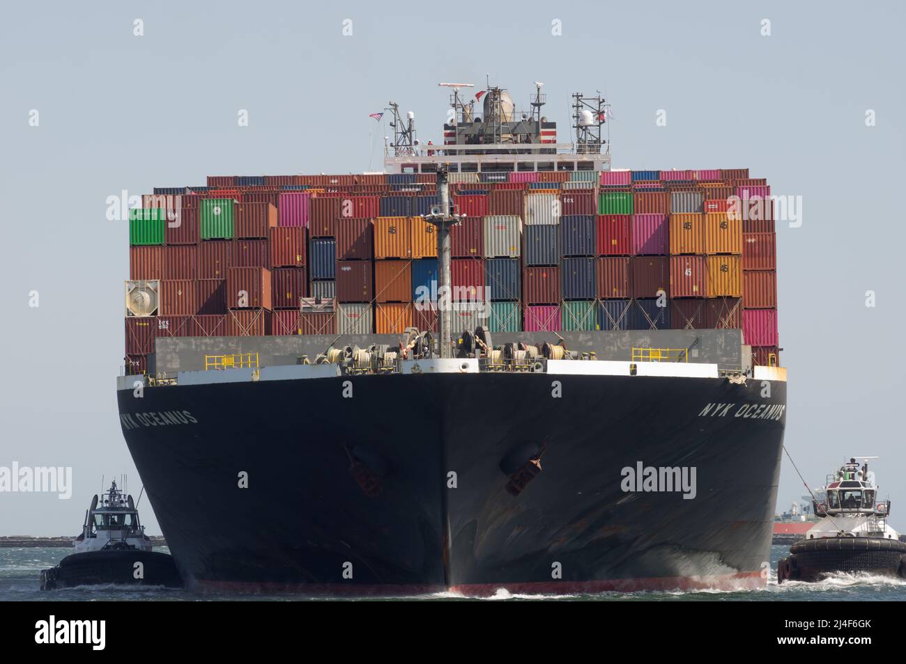 NYK Line container ship Oceanus shown entering the Port of Los Angeles, California, USA, on April 12, 2022. Stock Photo