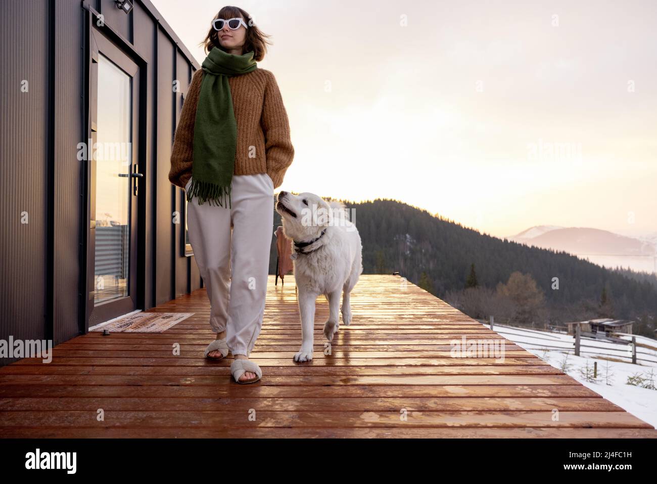 Woman with her dog resting on terrace of tiny house on nature Stock ...