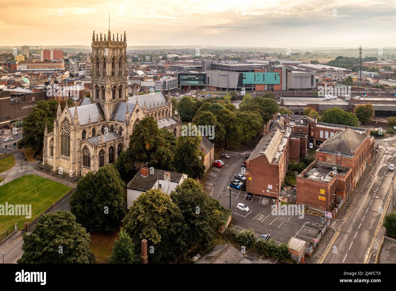 An aerial cityscape of Doncaster town centre with The Minster church of St George and Frenchgate shopping mall Stock Photo
