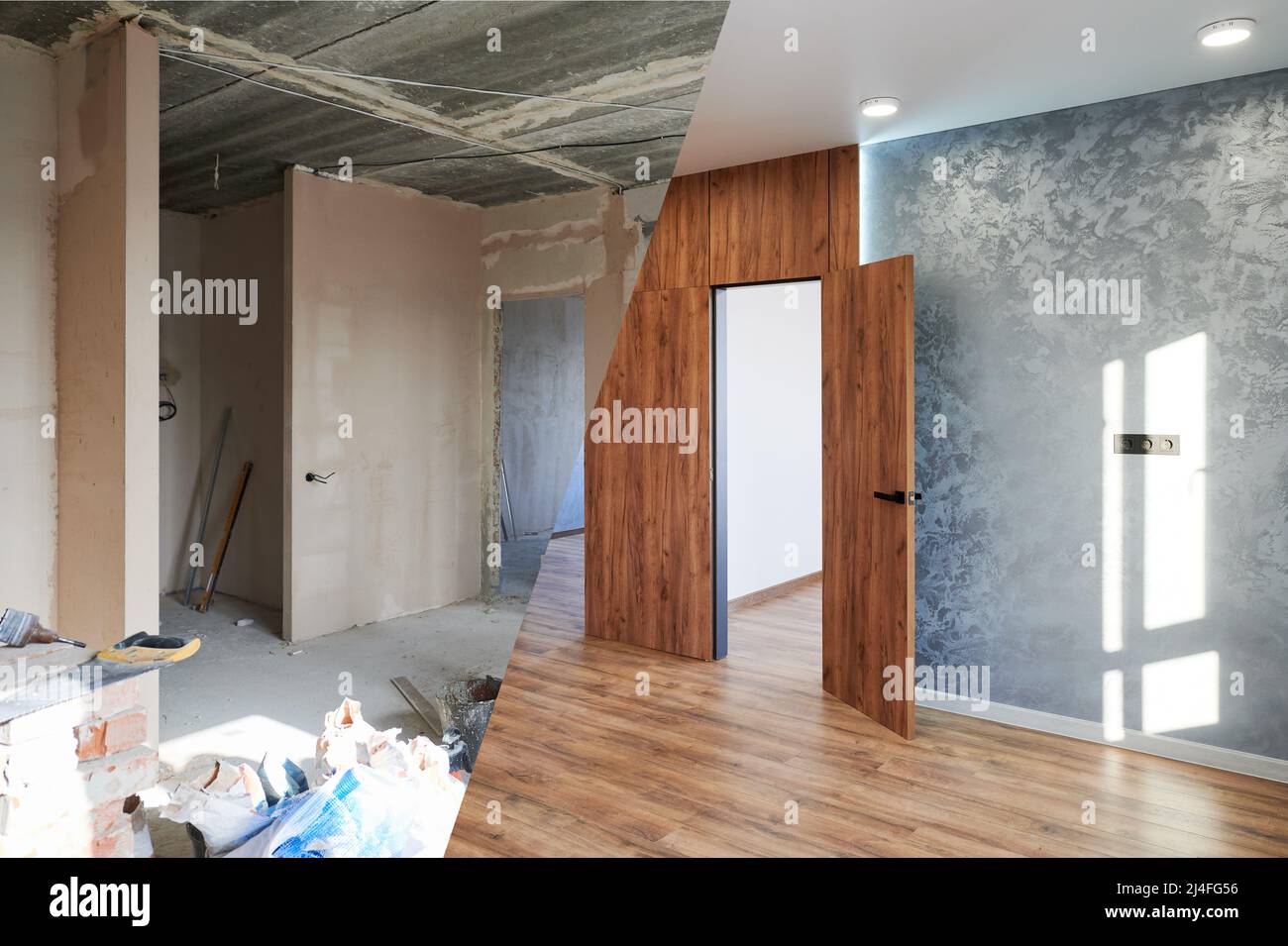 Empty apartment with doorway before and after restoration. Comparison of old room with construction materials and new room with wooden door, parquet floor and gray wall. Concept of home renovation. Stock Photo