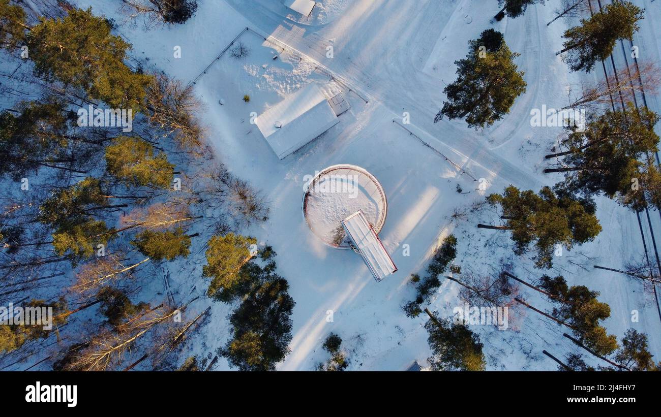 Watertower in Savitaipale/Finland at new years day on a sunny afternoon by drone Stock Photo