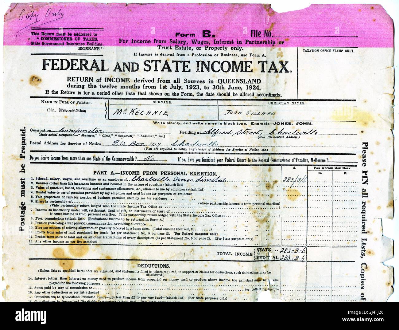 Federal and state tax form filled out for a resident in