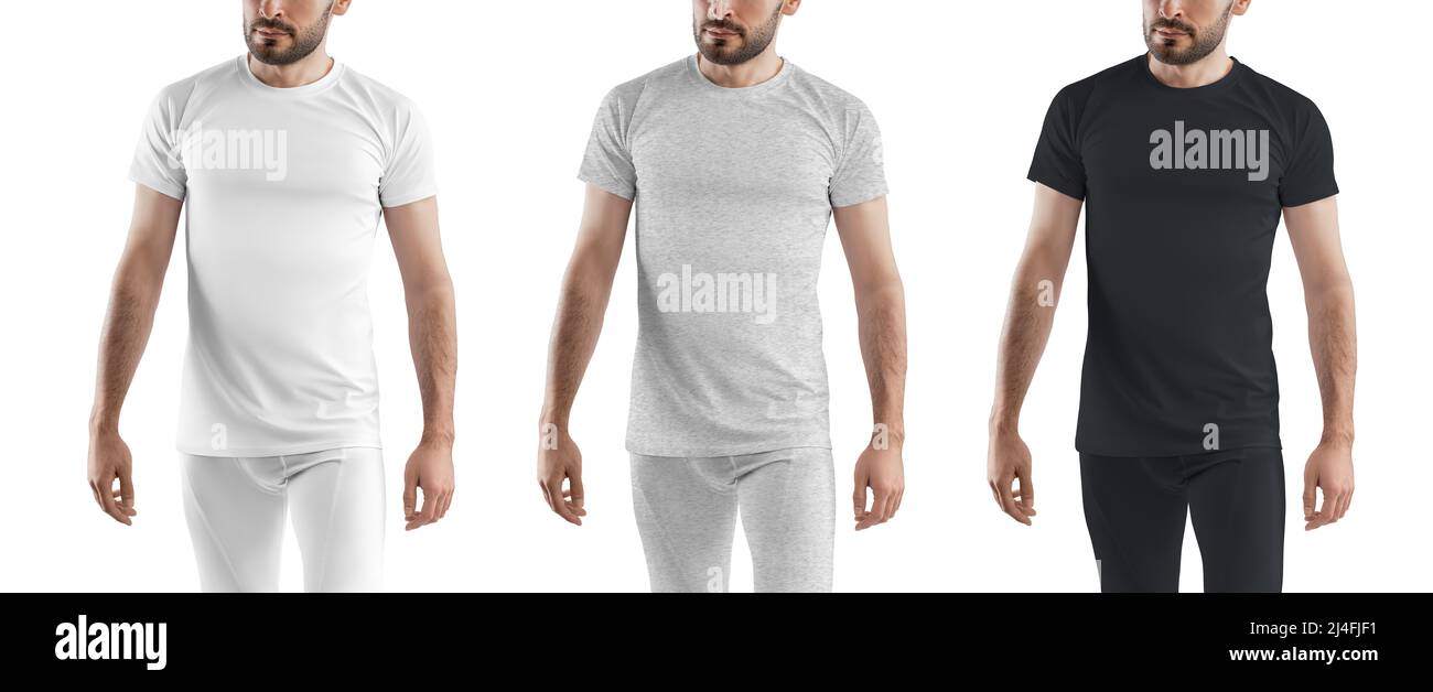 Set of white, black amd grey heather mockup  compression pants and  t-shirt on a sporty man with a beard, for design, pattern, front. Sports tracksuit Stock Photo