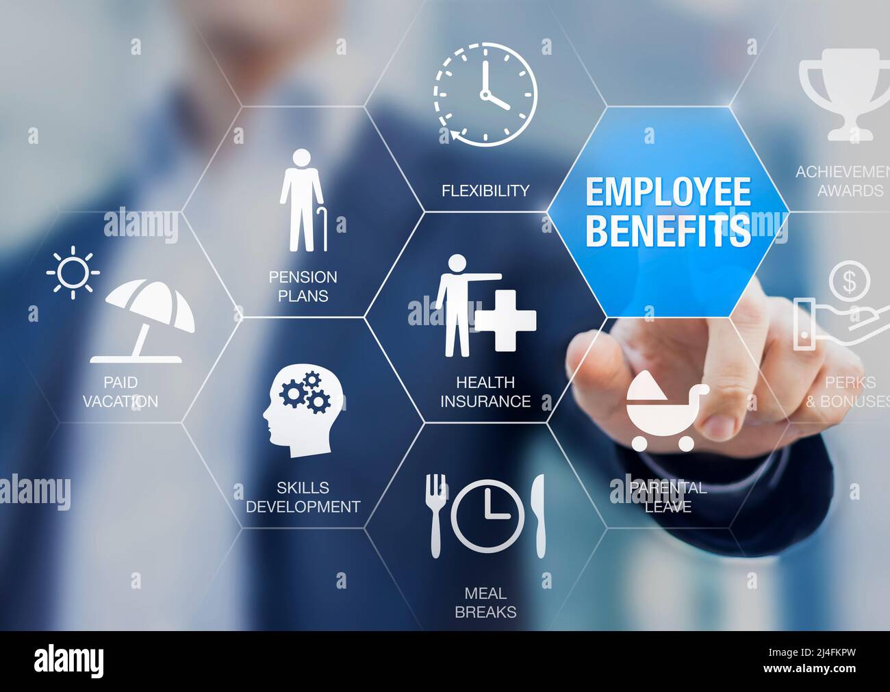 Employee benefits compensation package with health insurance, paid vacation, pension plans, parental leave, perks and bonuses. Payroll reward manageme Stock Photo