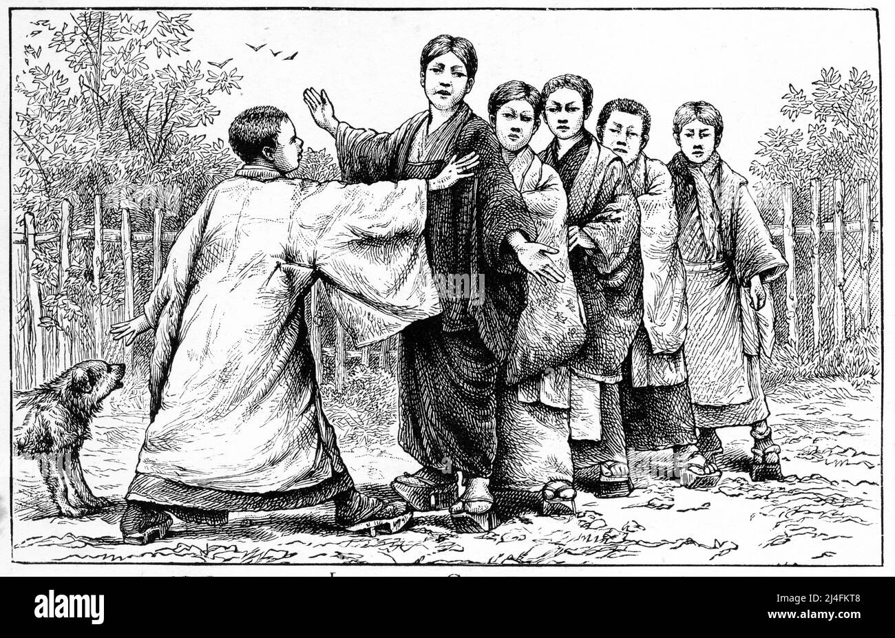 Engraving of a group of Japanese children, from a publication circa 1890 Stock Photo