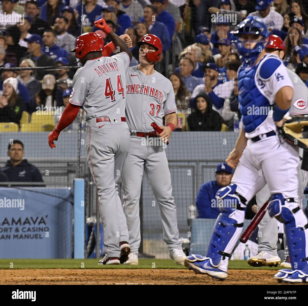 Los Angeles, United States. 17th Apr, 2022. Cincinnati Reds Tyler Naquin  (12) during a MLB baseball game against the Los Angeles Dodgers, Sunday,  Apr. 17, 2022, in Los Angeles. The Dodgers defeated