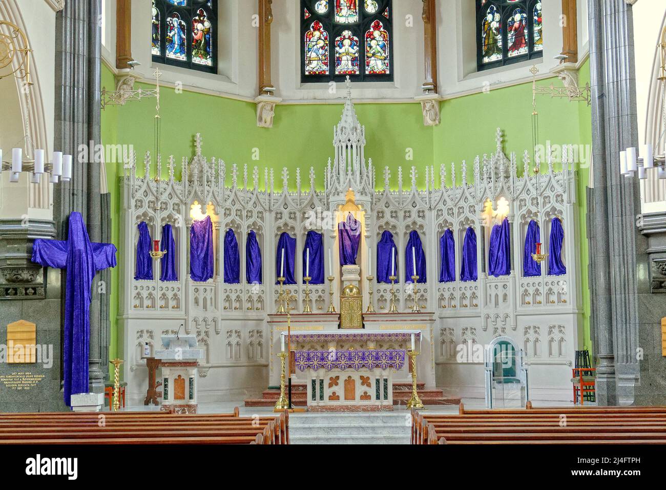 Glasgow, Scotland, UK 14th April, 2022 Easter at St Alphonsus R.C. Church in calton saw the covering of statues and crucifix for holy week. Credit Gerard Ferry/Alamy Live News Stock Photo