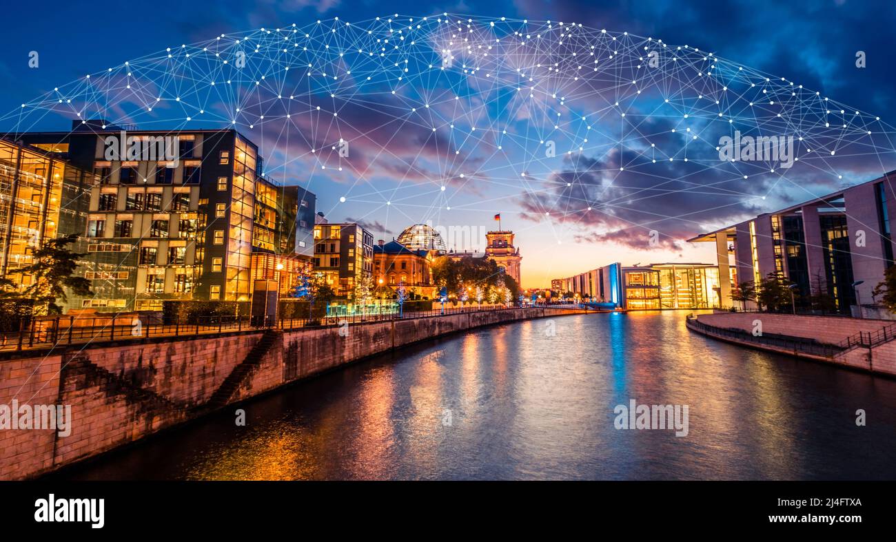 Global network 5G connection concept over panorama city view of Berlin