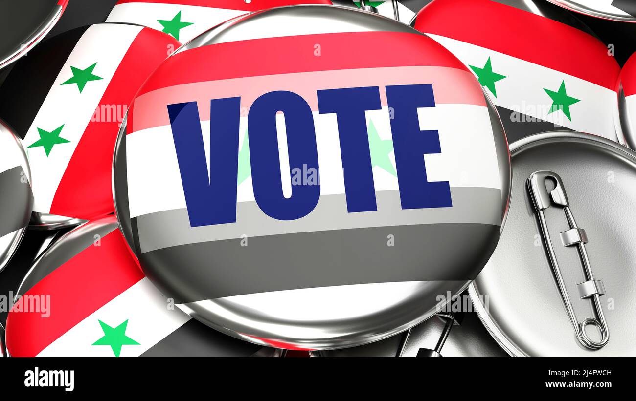 Syrian Arab Republic and Vote - dozens of pinback buttons with a flag of Syrian Arab Republic and a word Vote. 3d render symbolizing upcoming Vote in Stock Photo