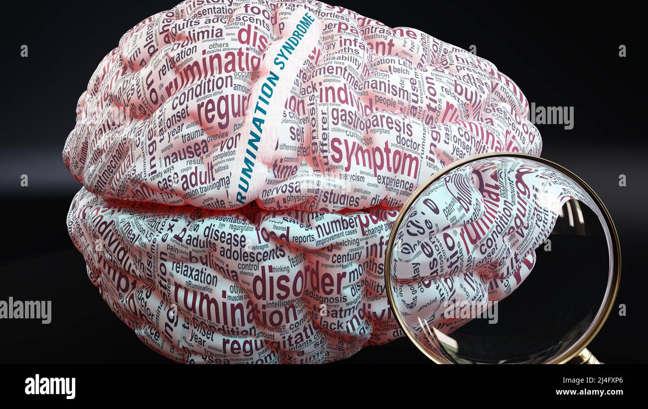 Rumination syndrome in human brain, hundreds of terms related to Rumination syndrome projected onto a cortex to show broad extent of this condition, 3 Stock Photo