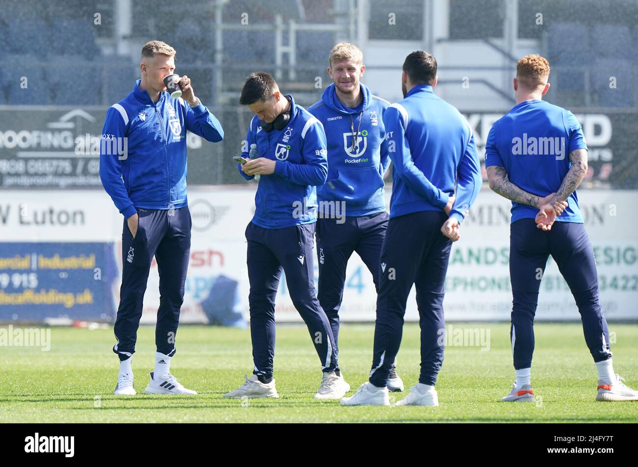 Nottingham Forest players inspect the pitch before the Sky Bet Championship match at Kenilworth Road, Luton. Picture date: Friday April 15, 2022. Stock Photo