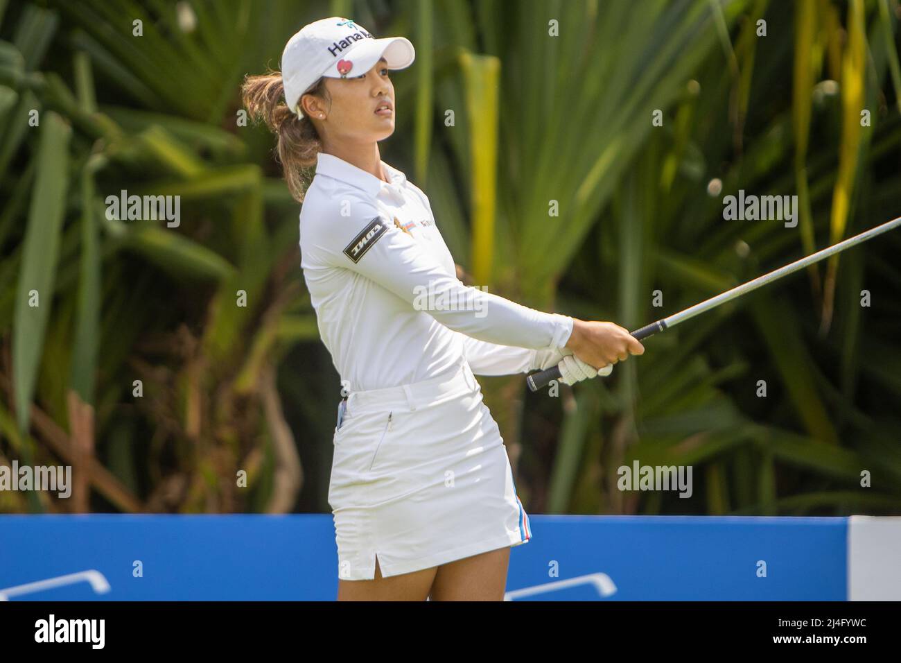 PATTAYA THAILAND APRIL 15 Jaravee Boonchant of Thailand tees off on