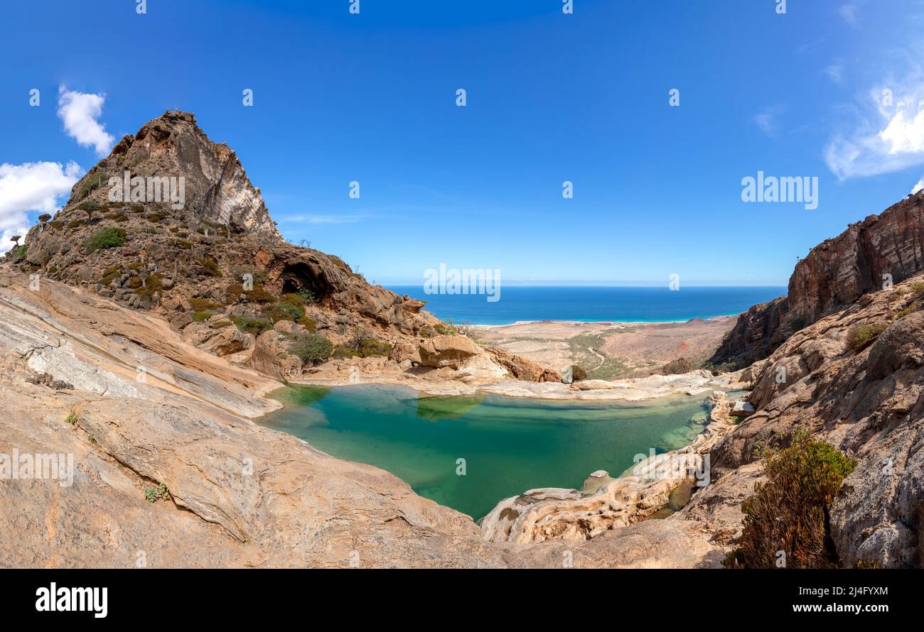 Fresh water ppol high in the mountains on a sunny day. Socotra, Yemen. Stock Photo