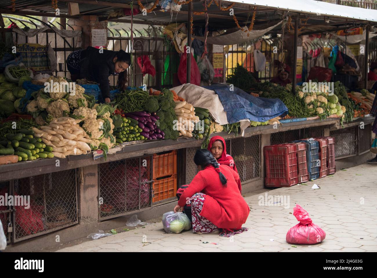 Kathmandu, Nepal- April 20,2022 : Vegetables trader on the street of Kathmandu. Stock Photo