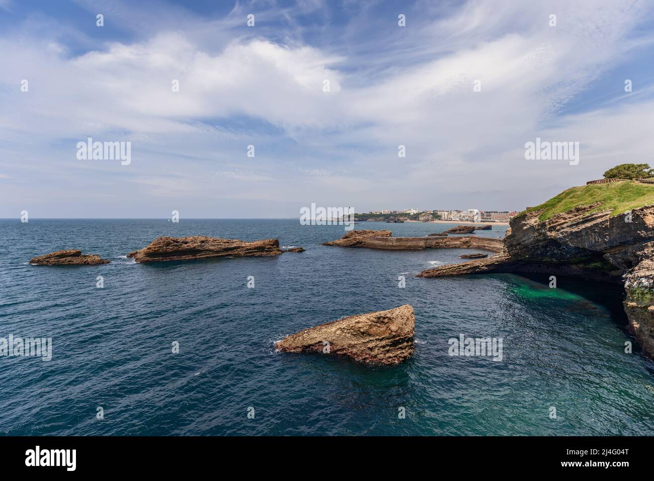 Southwestern coastline of France, shores of Biscay Bay are characterized by bizarre rock formations washed. Biarritz, French Basque Country Stock Photo