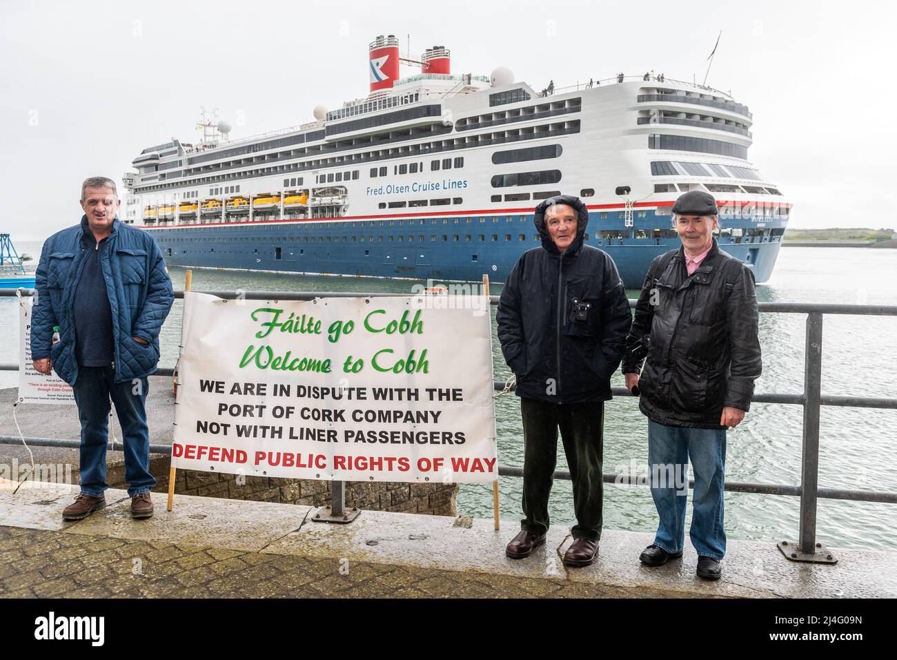 Cobh, Co. Cork, Ireland. 15th Apr, 2022. The first cruise ship to visit the Port of Cork in 3 years, 'Borealis' arrives at Cobh Cruise Terminal this morning. The 'Save Cobh Right of Way' protest group consisting of Roy Collins; Dermot Cahill and Liam O'Sullivan, held a small protest against the Port of Cork's closure of the public right of way when cruise ships moor. Credit: AG News/Alamy Live News Stock Photo