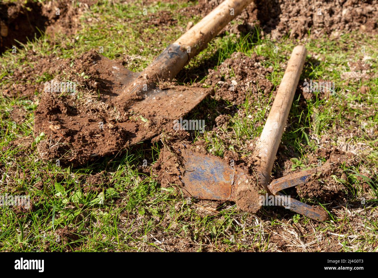 Used farming shovel and hoe with soil on it. Agricultural hoe in selective focus. Gardening, spring, agriculture concept. Stock Photo