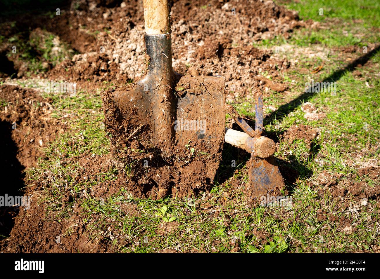 Used garden shovel and hoe with soil in selective focus. There are pits dug out of focus. Gardening, spring, agriculture concept. Stock Photo