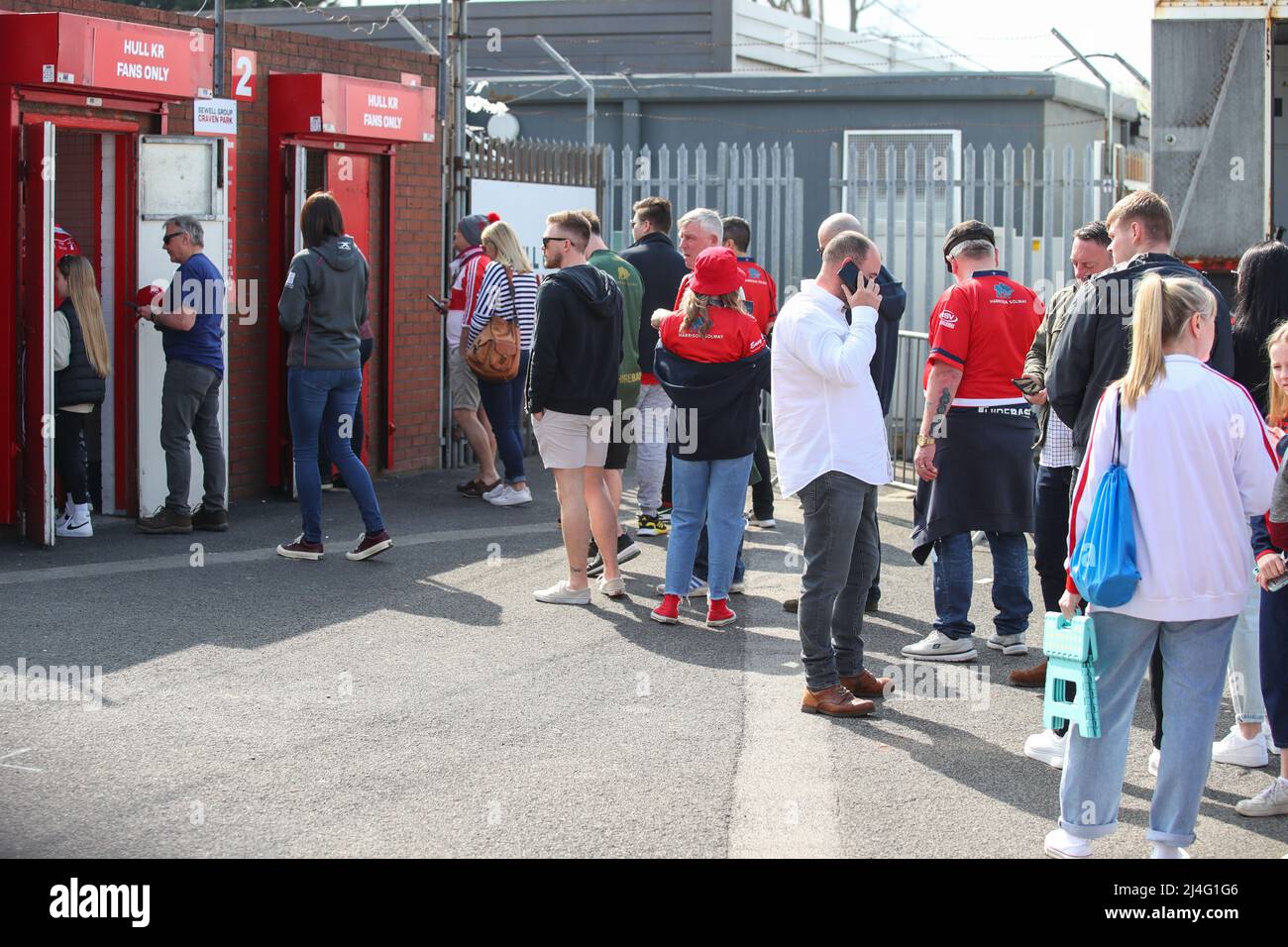 Hull KR fans wait to enter Sewell Group Craven Park in, on 4/15/2022. (Photo by David Greaves/News Images/Sipa USA) Credit: Sipa USA/Alamy Live News Stock Photo