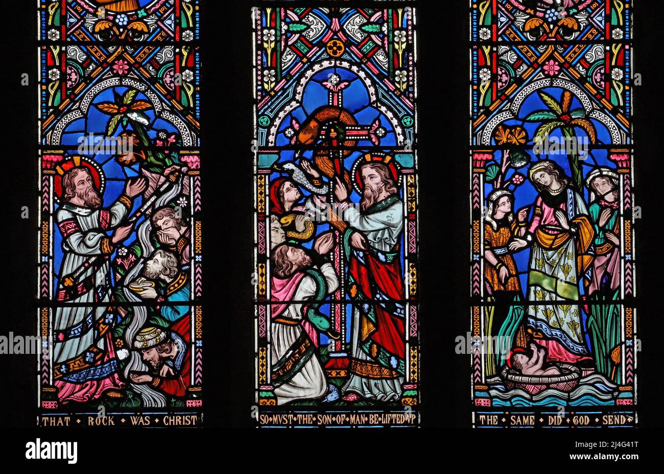A stained glass window by Frederick Preedy depicting Scenes in the Life of Moses, St Mary's Church, Snettisham, Norfolk Stock Photo