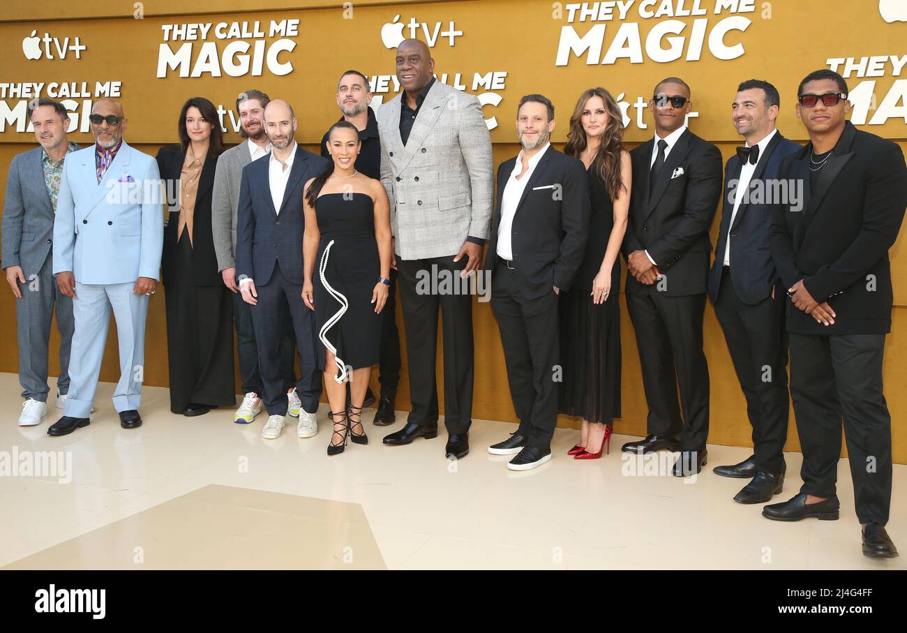 Los Angeles, Ca. 14th Apr, 2022. David Arquette, Andre Cleveland, Kathryn Everett, Chris Leggett, Rafael Mormer, Bryn Mooser, Christina Francis, Magic Johnson, Brian Toll, Christina McLarty, Jordan Fudge, John Terzian, Jeremy Allen, at the Apple TV  premiere of They Call Me Magic at The Village Regency Theatre in Los Angeles, California on April 14, 2022. Credit: Faye Sadou/Media Punch/Alamy Live News Stock Photo