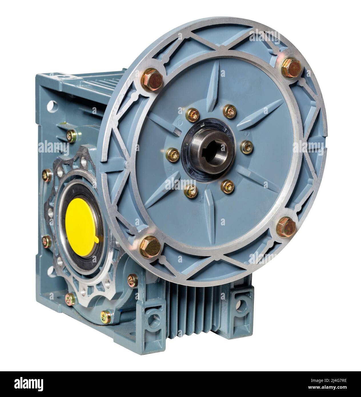 Angle mechanism for torque transmission of electric motors. The image is isolated on a white background. Stock Photo