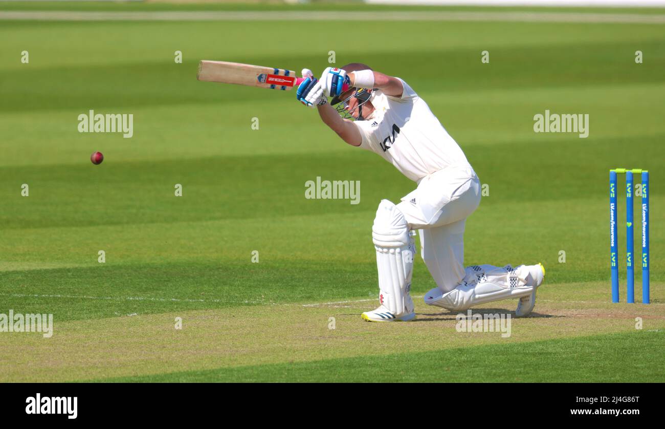 London, UK. 15 April, 2022. Surrey’s Ollie Pope batting as Surrey take