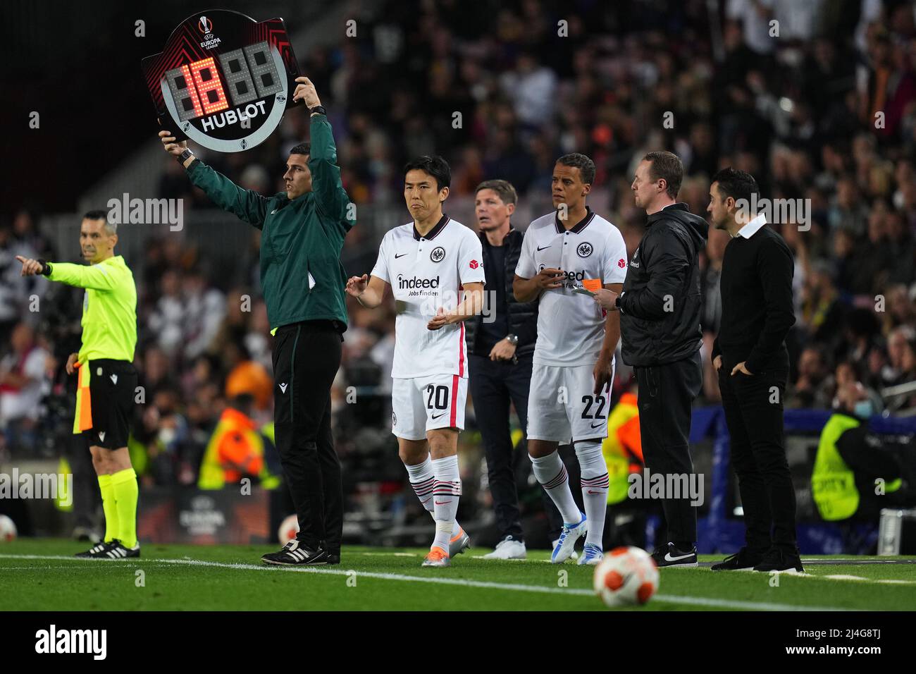 Timothy Chandler and Makoto Hasebe of Eintracht Frankfurt during the UEFA Europa League match, Quarter Final, Second Leg, between FC Barcelona and Eintracht Frankfurt played at Camp Nou Stadium on April 14, 2022 in Barcelona, Spain. (Photo by Colas Buera / PRESSINPHOTO) Stock Photo