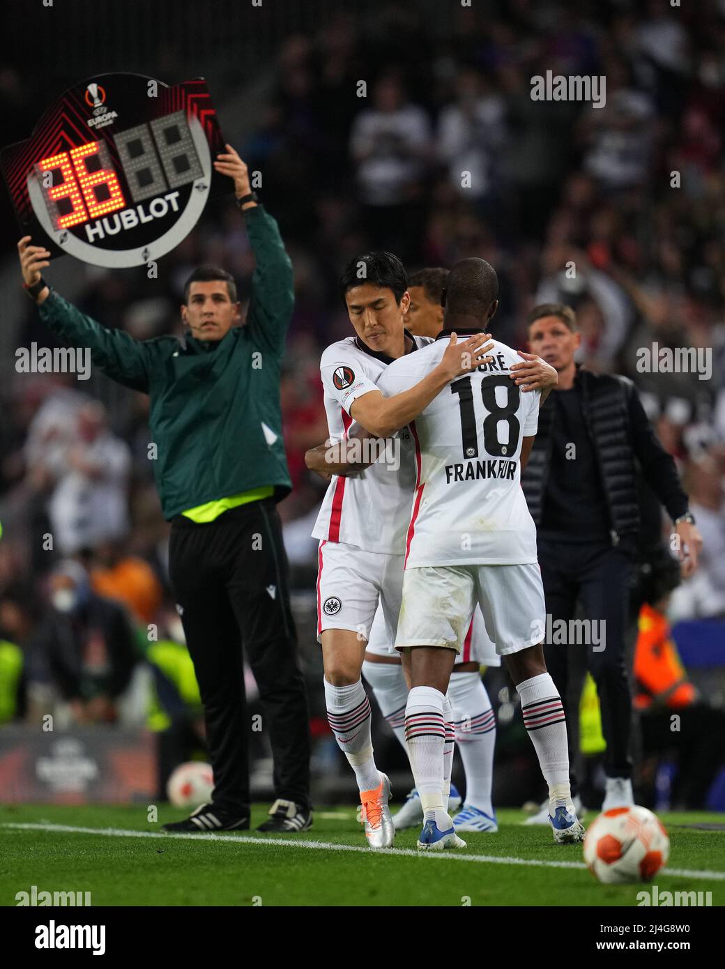 Makoto Hasebe of Eintracht Frankfurt and Almamy Toure of Eintracht Frankfurt during the UEFA Europa League match, Quarter Final, Second Leg, between FC Barcelona and Eintracht Frankfurt played at Camp Nou Stadium on April 14, 2022 in Barcelona, Spain. (Photo by Colas Buera / PRESSINPHOTO) Stock Photo