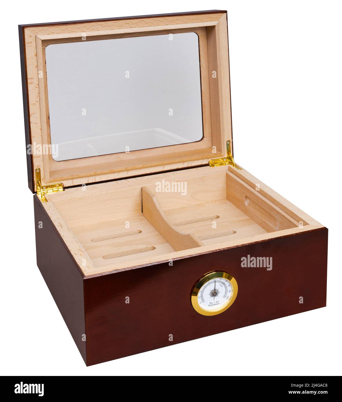 Open Red Wooden Humidor Cigar Box with Hygrometer over White Stock