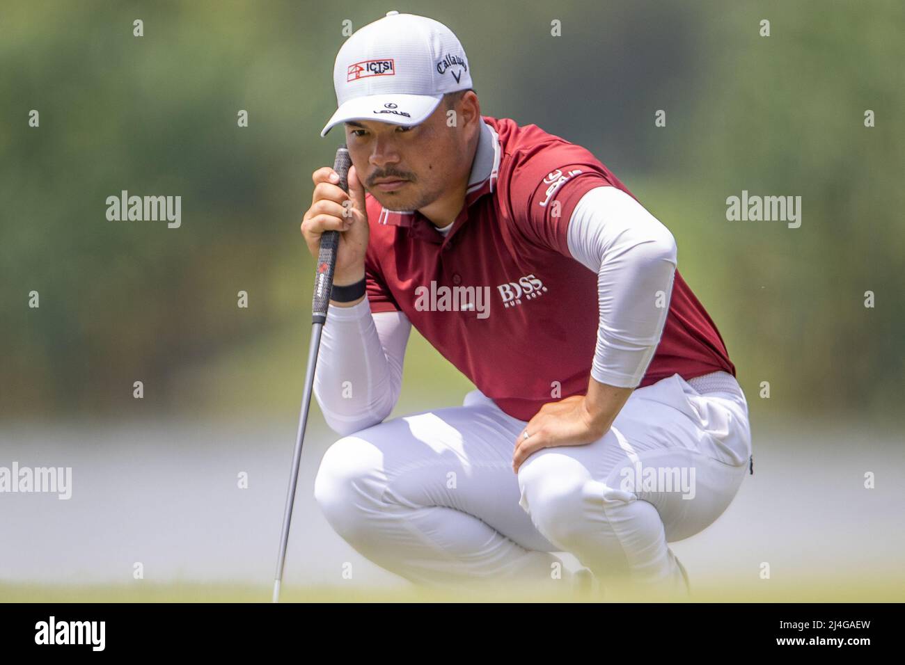 PATTAYA THAILAND - APRIL 14: Miguel Tabuena of Philippines on the green of the 8th hole during the second round of the Trust Golf Asian Mixed Stableford Challenge at Siam Country Club Waterside Course on April 14, 2022 in Pattaya, Thailand. (Photo by Orange Pictures) Stock Photo