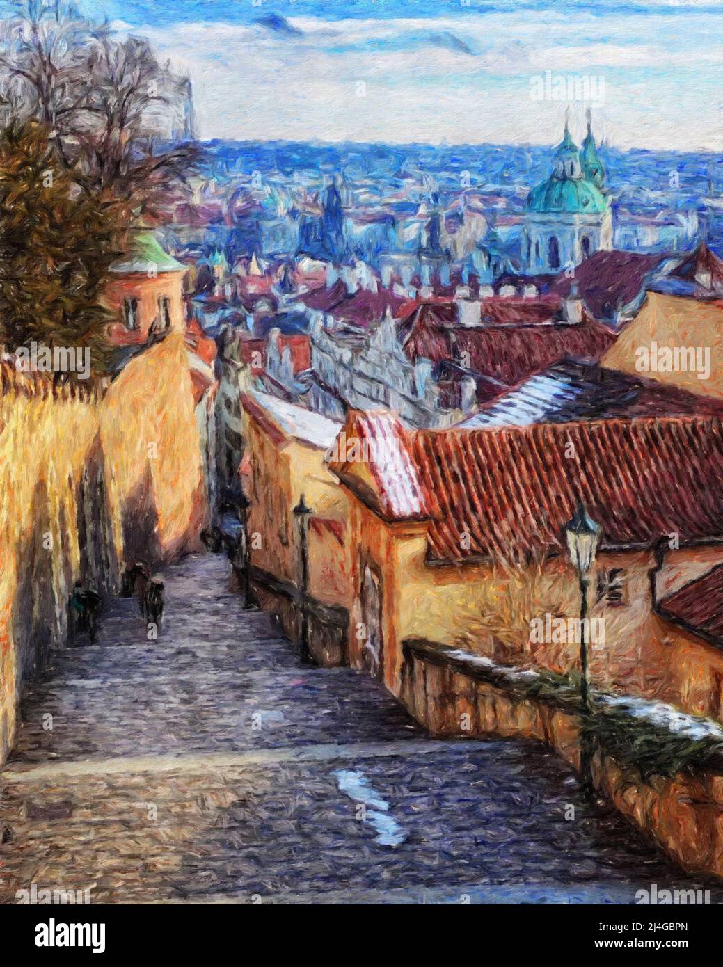 Prague Czechia drawing in oil city center vintage houses and