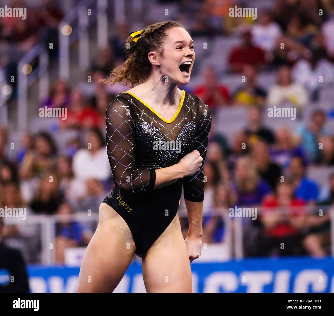 April 14, 2022 Missouri's Hannah McCrary celebrates after finishing